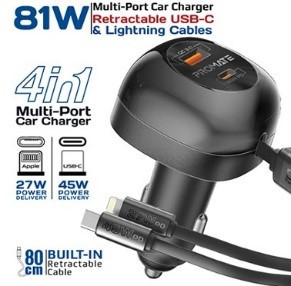 شاحن سيارة متعدد المنافذ بقدرة 81 واط مع كابلات USB-C و Lightning قابلة للسحب