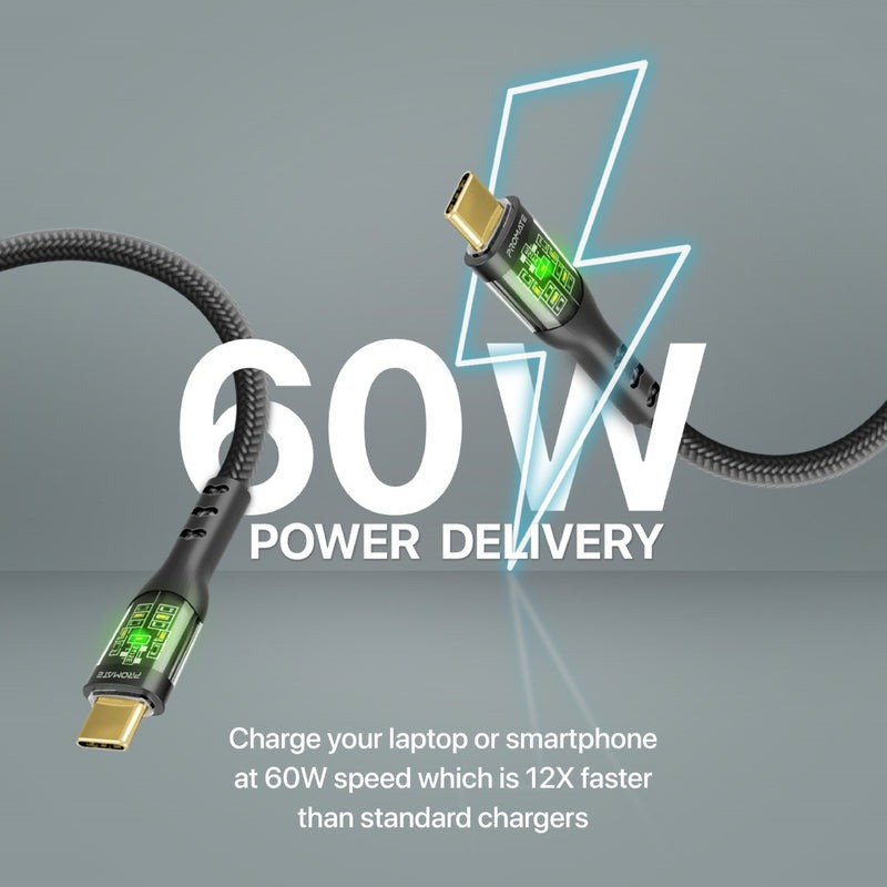 كيبل USB-C فائق السرعة بتوصيل طاقة 60 واط مع أغطية شفافة